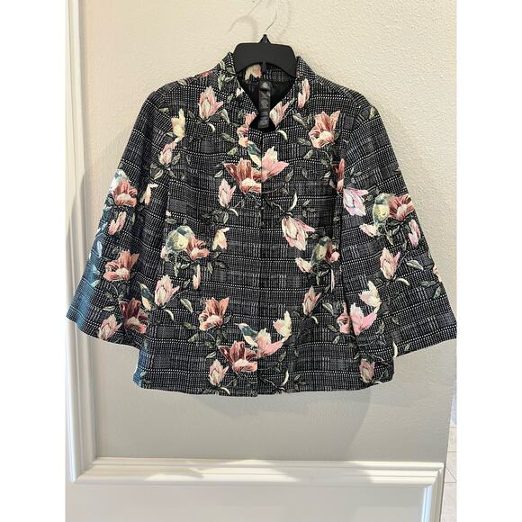 Chico's Black Label Women's Floral Birds Blazer Jacket Size 2 Large 3/4 Sleeve - Picture 1 of 6